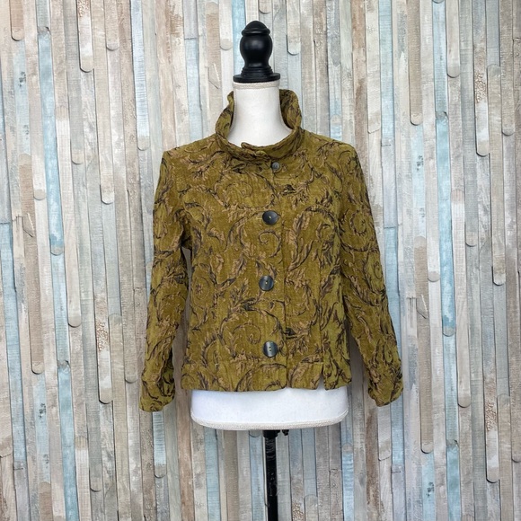 Cut Loose M Jacquard Brocade Button Jacket Blazer Green Gold Boho Lagenlook - Picture 2 of 8